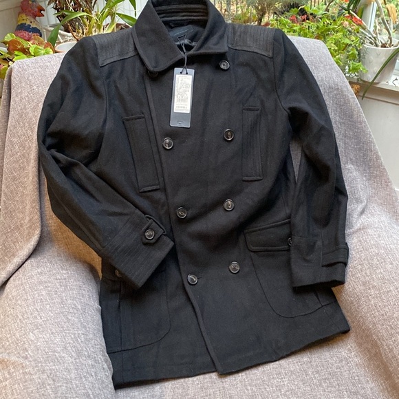 Jack & Jones Other - Jack & Jones Men’s L 180 Black Wool Pea Coat Double Breasted Gray Trim Slim fit